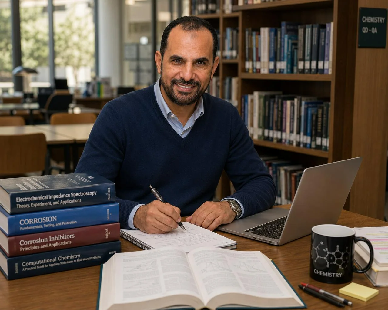 Prof. Dr. Khaled Fouad Khaled working with books on electrochemistry, corrosion and computational chemistry