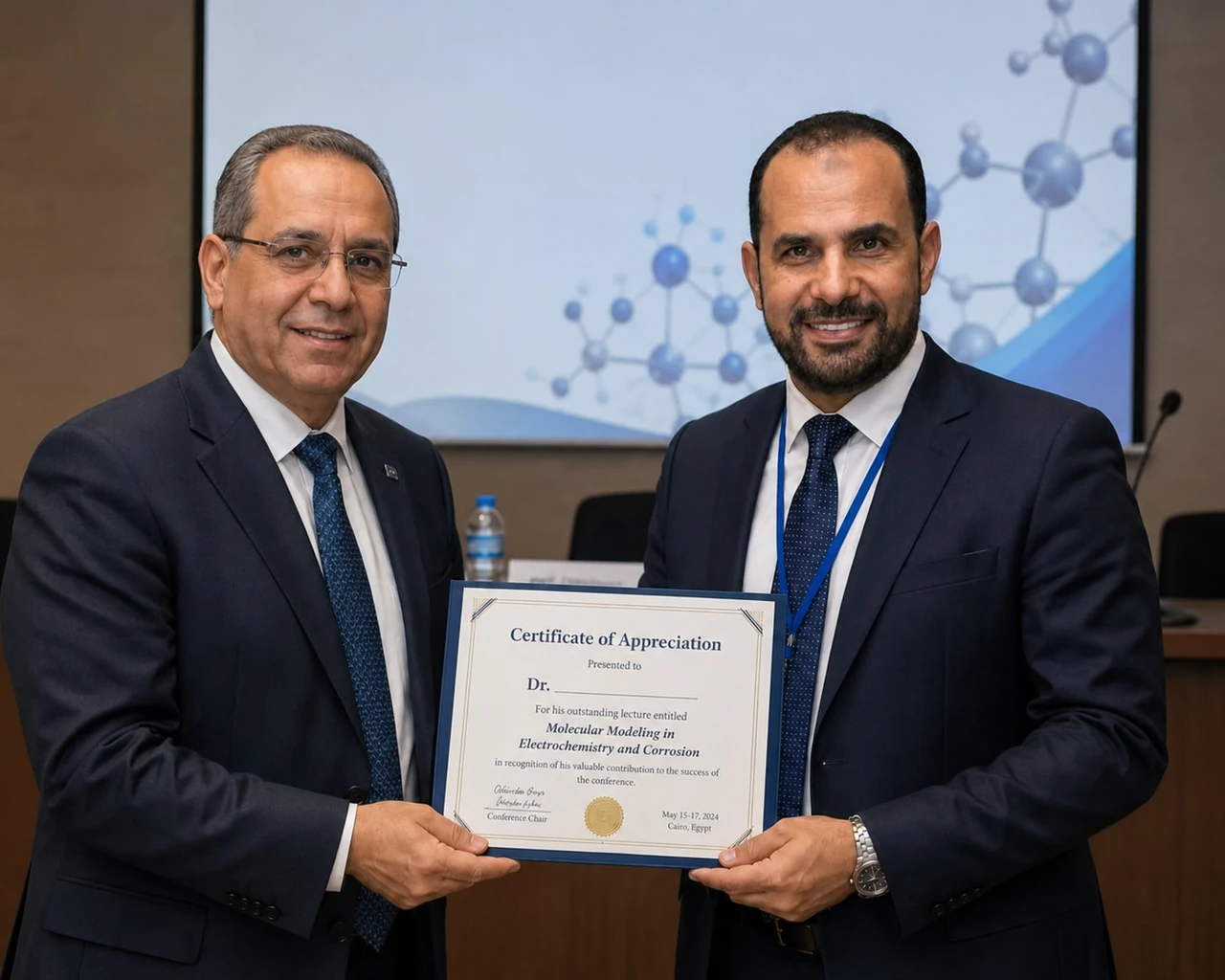 Certificate of appreciation for a scientific lecture on molecular modelling, electrochemistry and corrosion