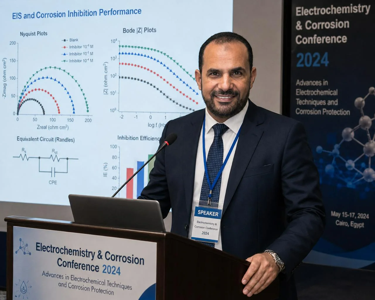 Prof. Dr. Khaled Fouad Khaled presenting electrochemistry and corrosion research at a scientific conference