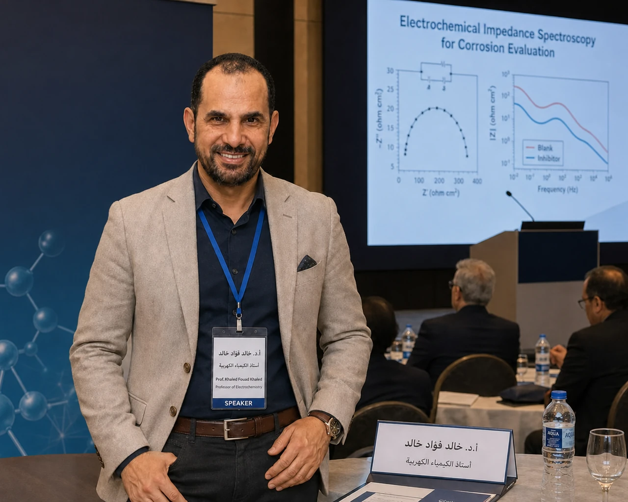 Prof. Dr. Khaled Fouad Khaled participating as a speaker at a scientific meeting on electrochemistry and corrosion