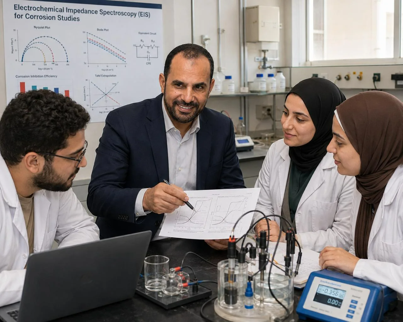 Prof. Dr. Khaled Fouad Khaled mentoring postgraduate researchers in an electrochemistry laboratory
