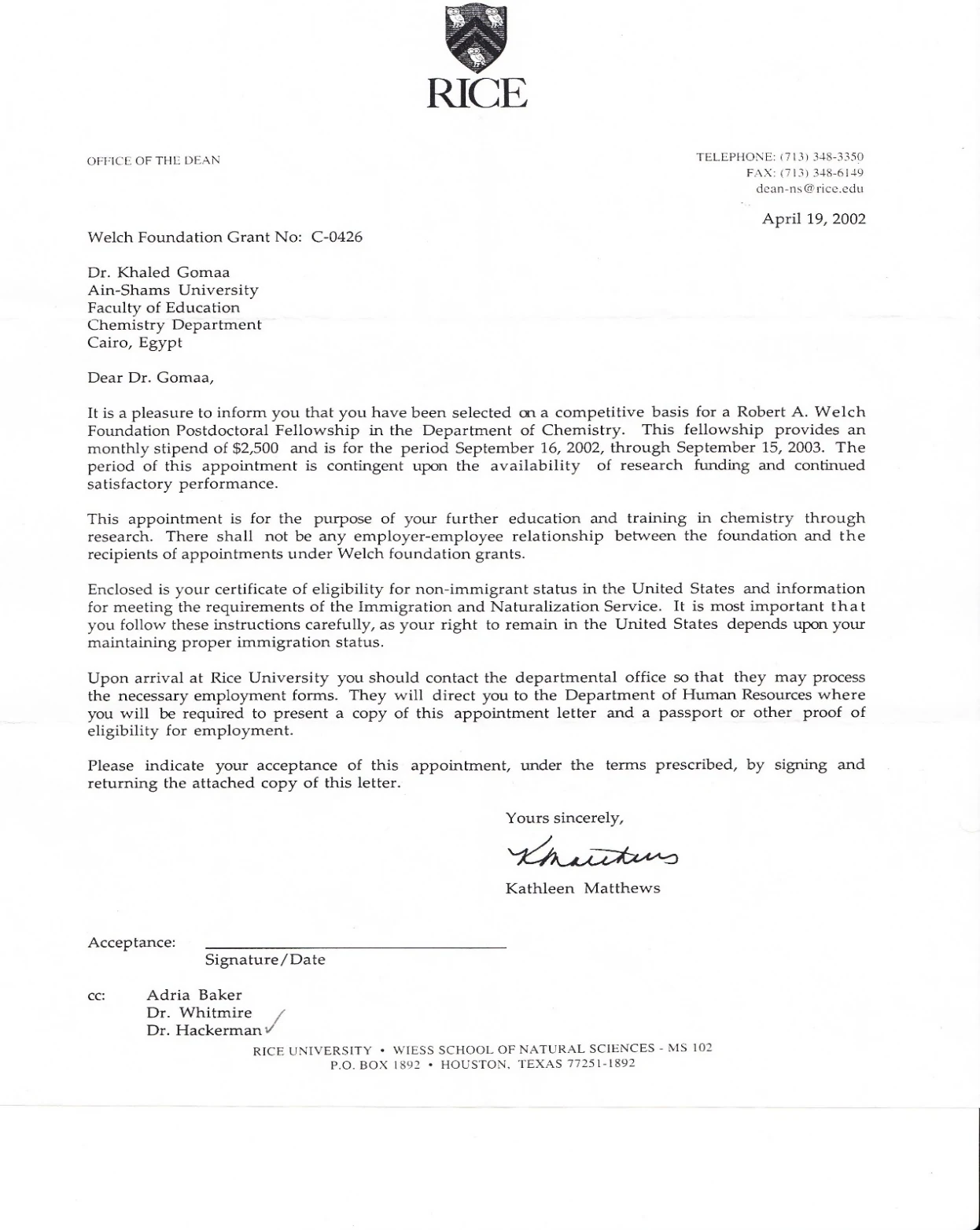 Document supporting Robert A. Welch Foundation Research Funding