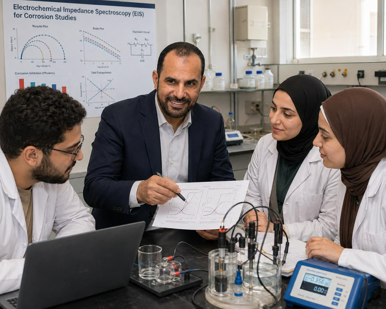 Prof. Khaled discussing electrochemical corrosion results with researchers in the laboratory