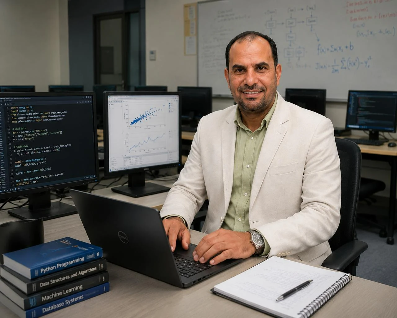 Prof. Dr. Khaled Fouad Khaled conducting computational modelling and data analysis in a computer laboratory.
