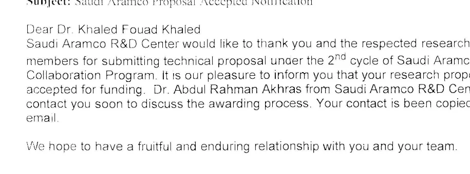 Public-view excerpt of a Saudi Aramco university collaboration acceptance message.