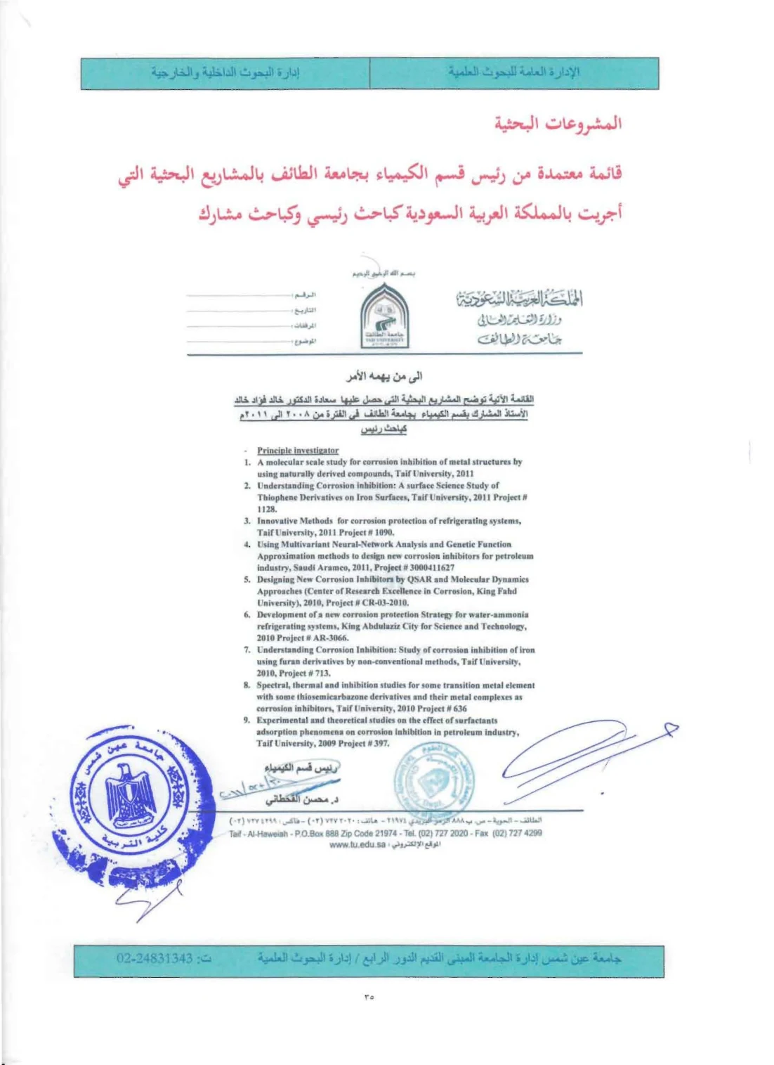 Complete Taif University approved-projects record including the furan-derivatives project.