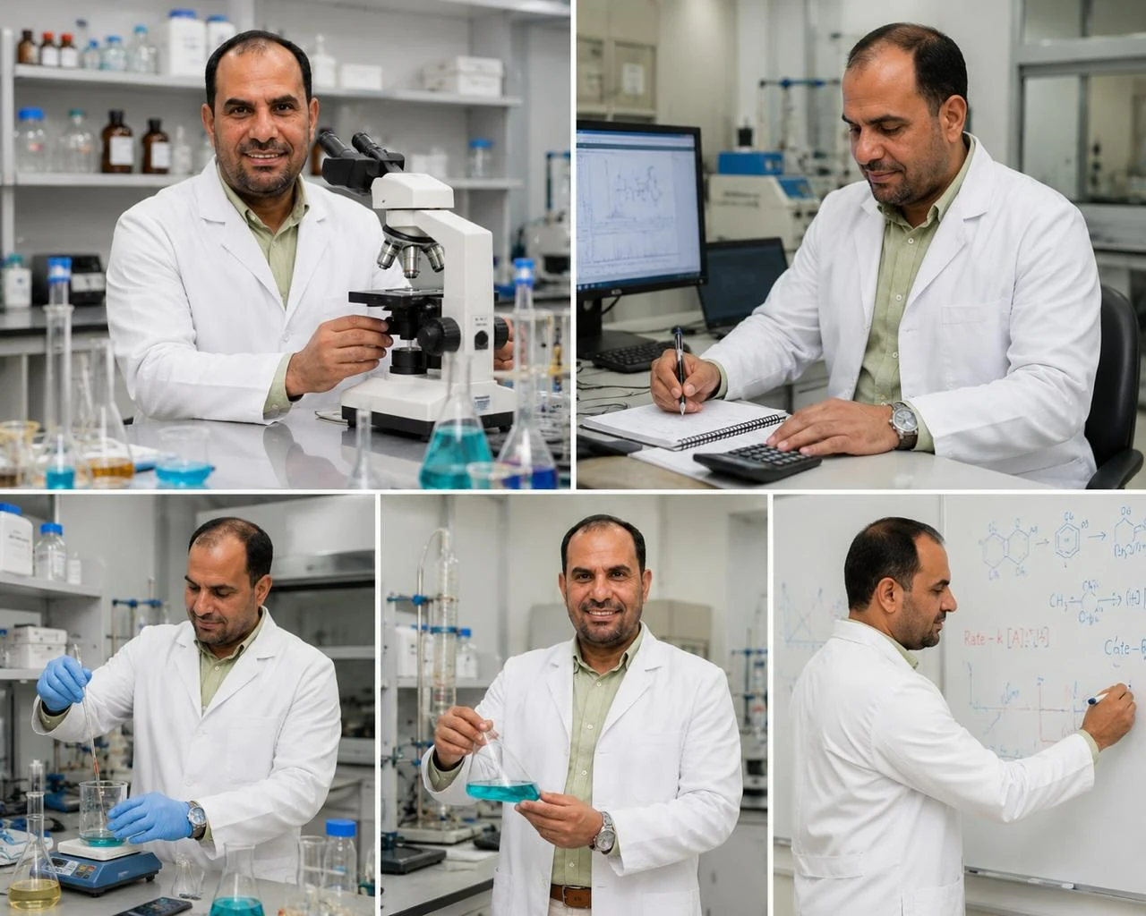 A series of laboratory scenes illustrating experimental preparation, measurement, and chemical analysis.