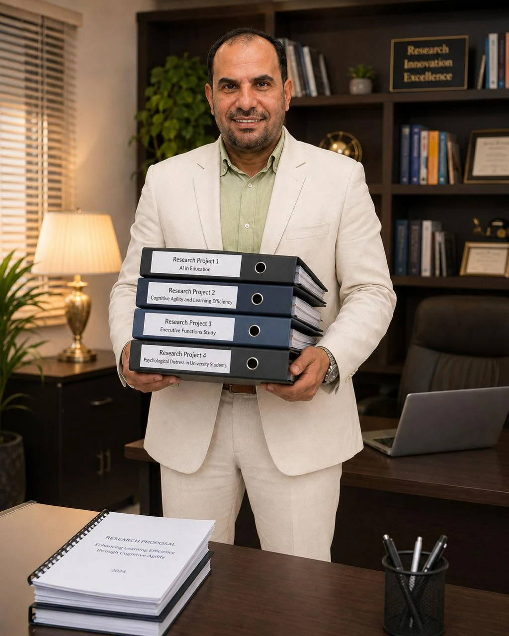 Prof. Dr. Khaled Fouad Khaled presenting a portfolio of documented research projects in his academic office.